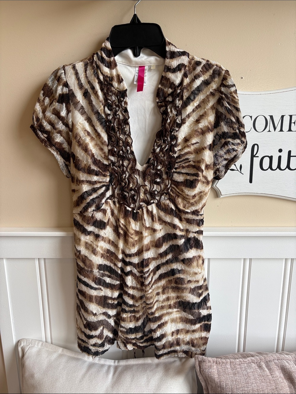 Brown Animal-Print Ruffled V-Neck Women's Top